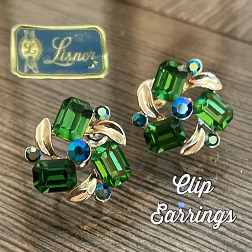 Vintage Lisner ABβEmerald Green Peacock Blue Rhinestone Screw Back Clip Earrings